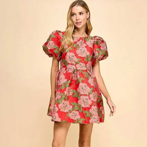TCEC Red Puff Sleeve Dress - Picture 1 of 2